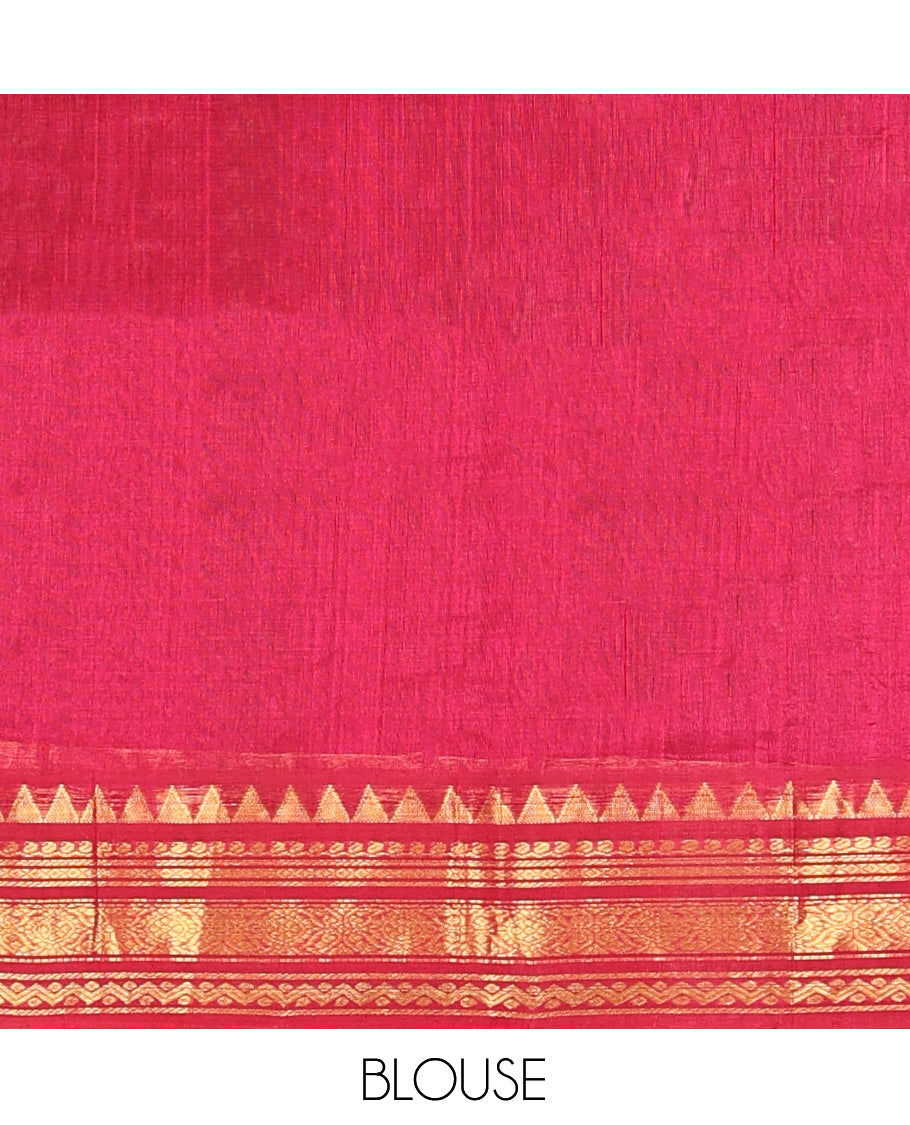 Green Zari Checked Kuppadam Silk Saree, a Contrast Traditional Zari Temple Border, Grand Pallu, a Contrast Blouse