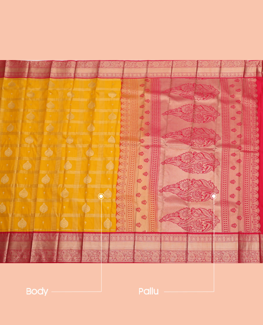 Yellow Budget Silk Saree, Sparsely Threaded with Zari Butta Enclosed Checks, Complemented by a Contrast Traditional Zari Border, Grand Pallu, and Contrast Blouse