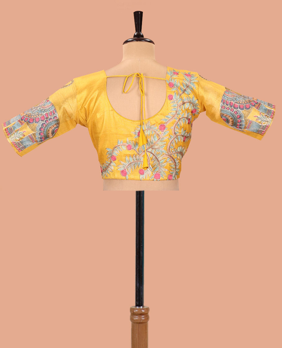 Borderless Gold Tissue Saree, Spotlighted with Colorful Tree-Elephant Motif Printed with Outline Embroidery on Its Body, and Paired with a Readymade Elbow-Sleeve Round-Neck Blouse