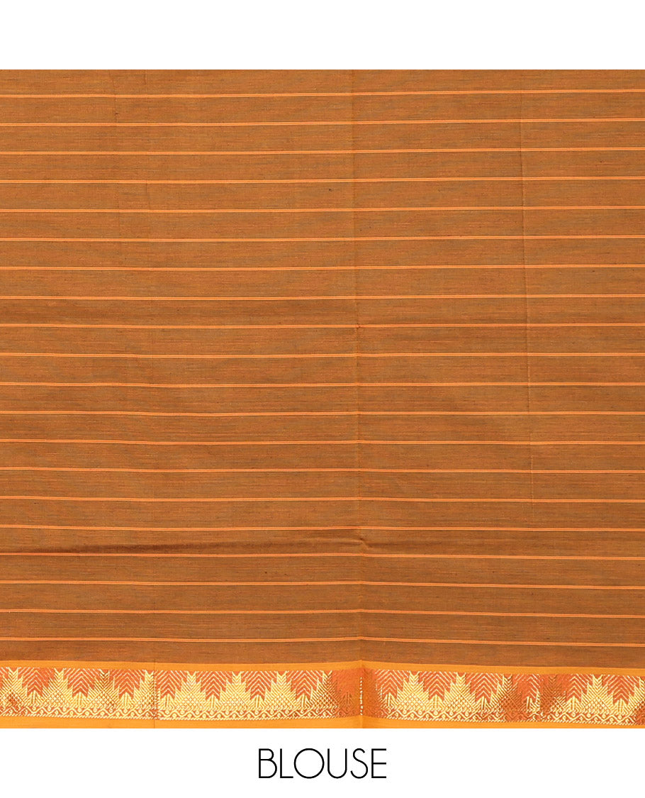 Green Checked Poly Cotton Saree, Complemented by Contrast Traditional Zari Temple Border, Pallu of Stripes, and Paired with a Contrast Blouse