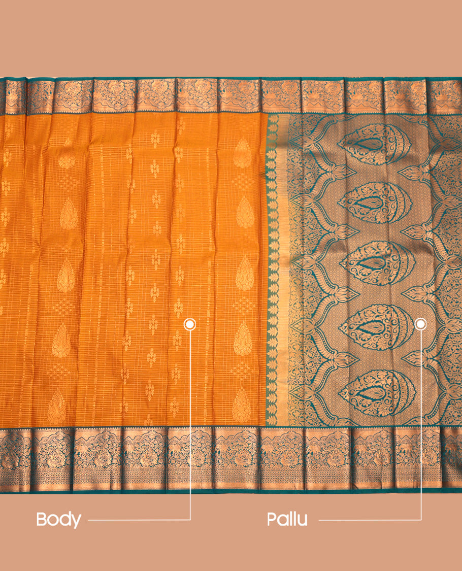 Orange Budget Silk Saree, Richly Detailed with Zari Buttas and Checks, Complemented by Contrast Traditional Zari Border, Grand Pallu, and a Contrast Blouse