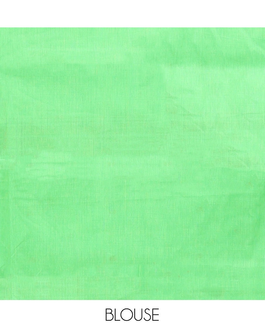Green Chettinad Cotton Saree, Detailed with Buttas All Over Its Body, Complemented by a Contrast Traditional Zari Design Border, Pallu of Stripes and Buttas, and Paired with a Matching Blouse