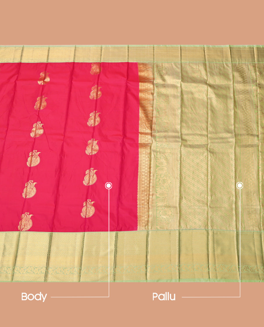 Dark Peach Budget Silk Saree, Adorned with Zari Buttas, Complemented by Contrast Traditional Zari Border, Grand Pallu and a Contrast Blouse