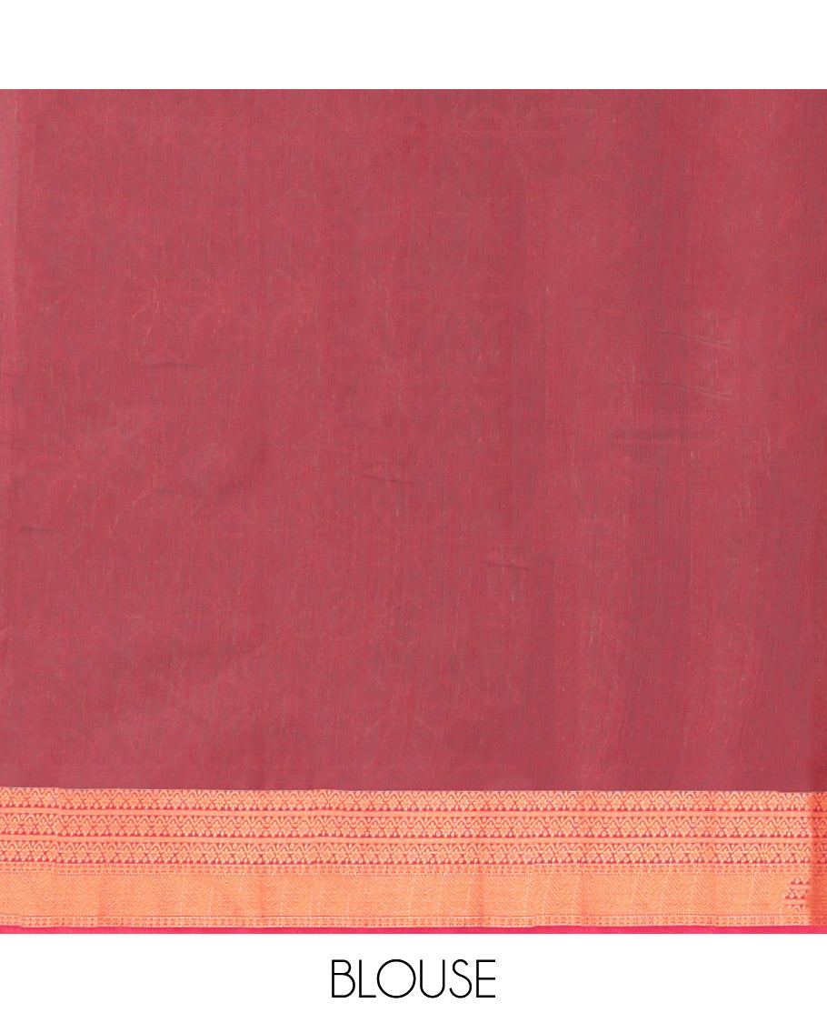 Green Semi-Silk Cotton Saree, Charmingly Accented with Zari Buttas All Over Its Body, Complemented by a Contrast Traditional Zari Design Border, Pallu of Star Design, and Paired with a Contrast Blouse