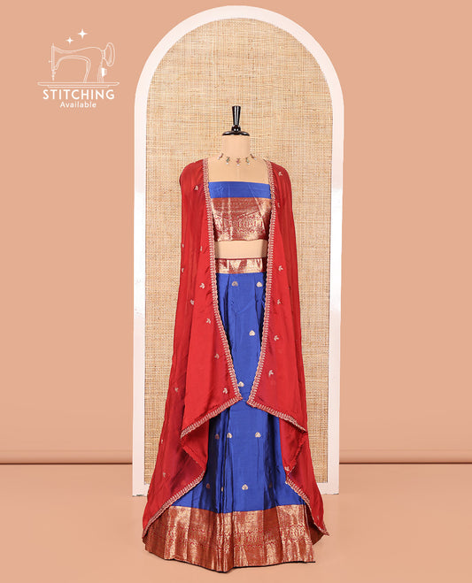Blue and Red Semi-Banarasi Half-Saree, Accentuated with Zari Buttas on Its Skirt, Complemented by a Contrast Traditional Zari Design Woven Border, Paired with a Matching Blouse, and a Contrast Satin Georgette Embroidered Scallop Dhavani