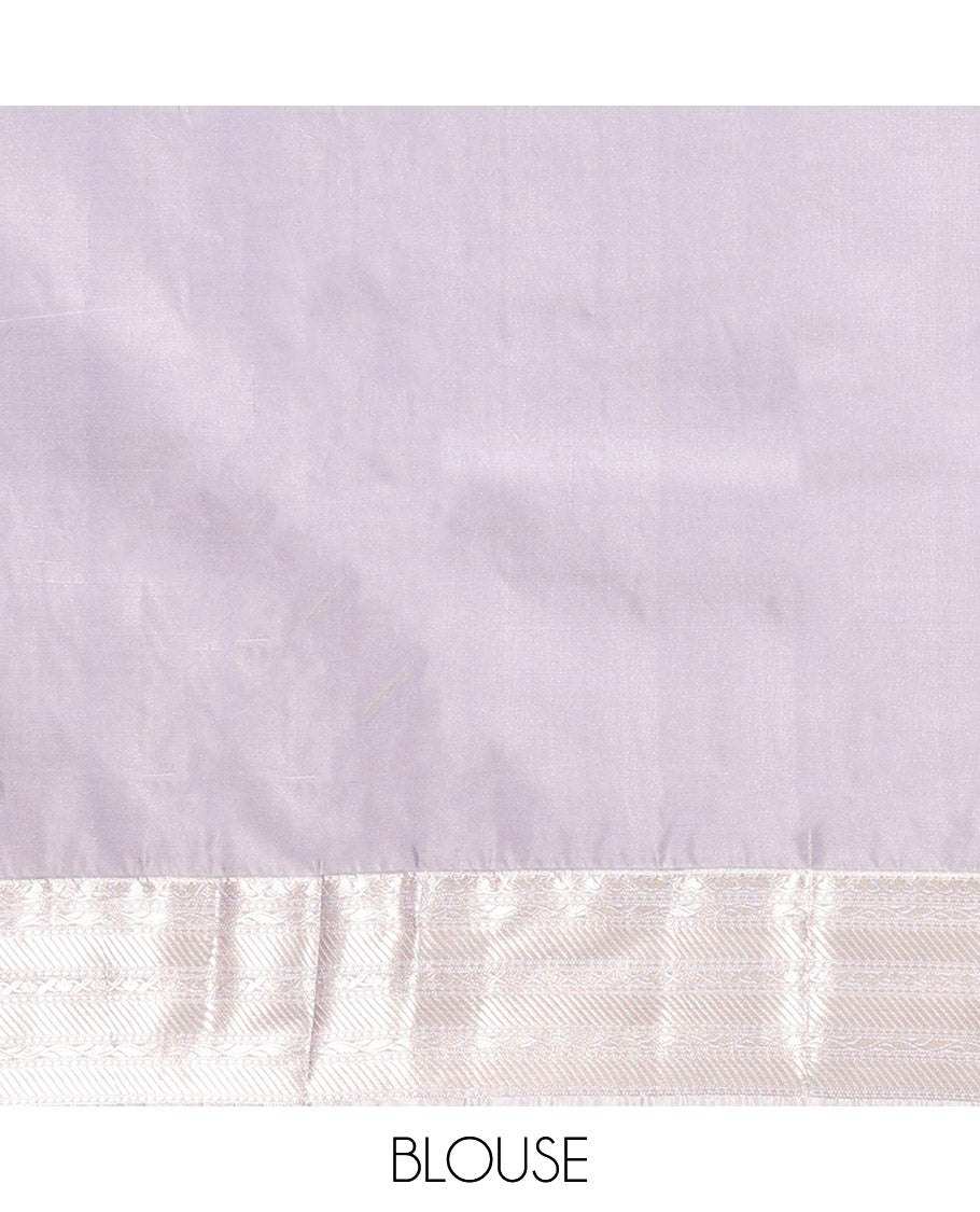 Purple Budget Silk Saree, Embellished with Zari Buttas, Complemented by Contrast Traditional Zari Border, Pallu of Jaal and Paisleys, and Contrast Blouse