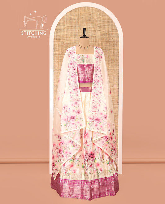 Cream-Magenta Semi-Silk Half-Saree, Features Pink Floral Printed Skirt, Contrast Traditional Zari Border, a Matching Blouse, and a Floral Print Semi-Silk Dhavani