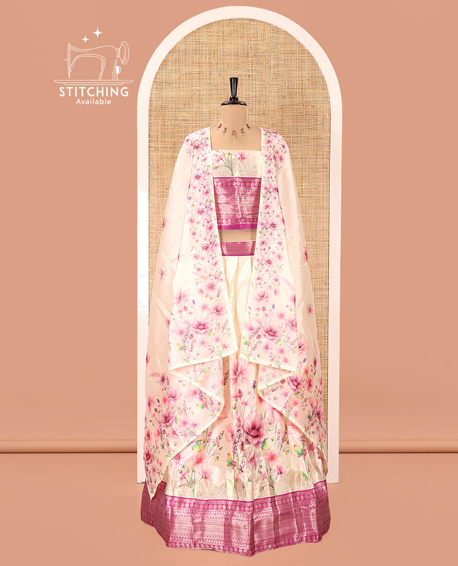 Cream-Magenta Semi-Silk Half-Saree, Features Pink Floral Printed Skirt, Contrast Traditional Zari Border, a Matching Blouse, and a Floral Print Semi-Silk Dhavani