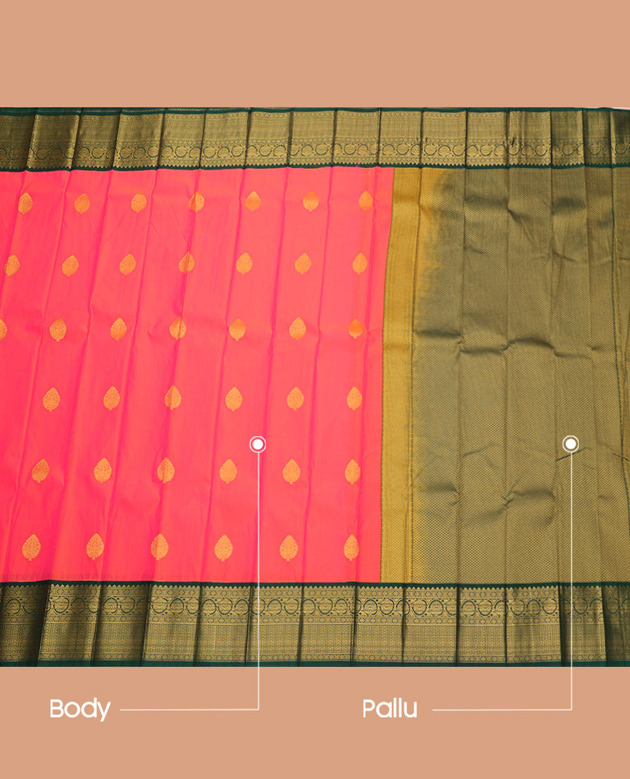 Pink Budget Silk Saree, Bedecked with Zari Buttas, Complemented by a Contrast Traditional Zari Border, Grand Pallu, and a Contrast Blouse