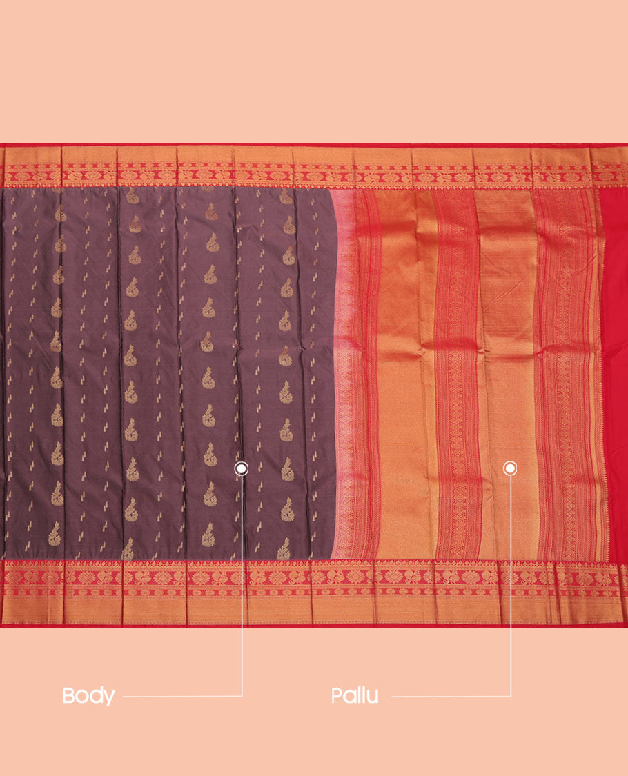 Brown Budget Silk Saree, Impeccably Styled with Zari Buttas, a Contrast Traditional Zari Border, Intricate Pallu, and a Contrast Blouse
