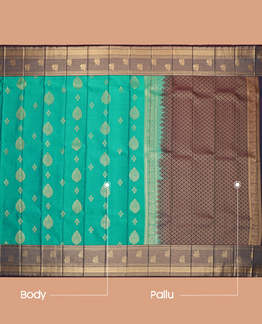 Green Budget Silk Saree, Elevated with Zari Buttas, Complemented by a Contrast Traditional Zari Border, Grand Pallu, and a Contrast Blouse