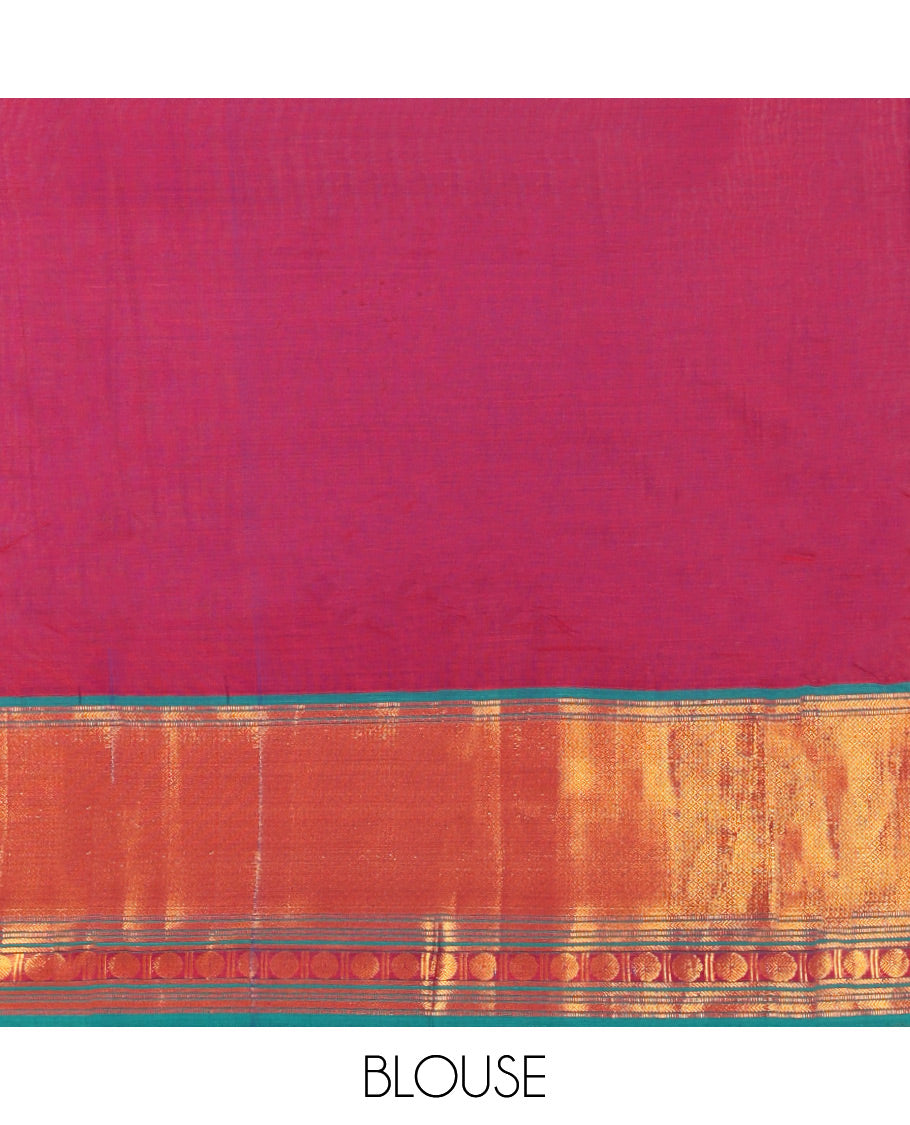 Magenta and Green Mercerised Cotton Half-Saree Featuring Plain Skirt, Adorned with a Contrast Peacock Eye-Rudraksham Motifs Woven Zari Border, Paired with a Matching Blouse, and Contrast Syska Georgette Dhavani with Zari Border