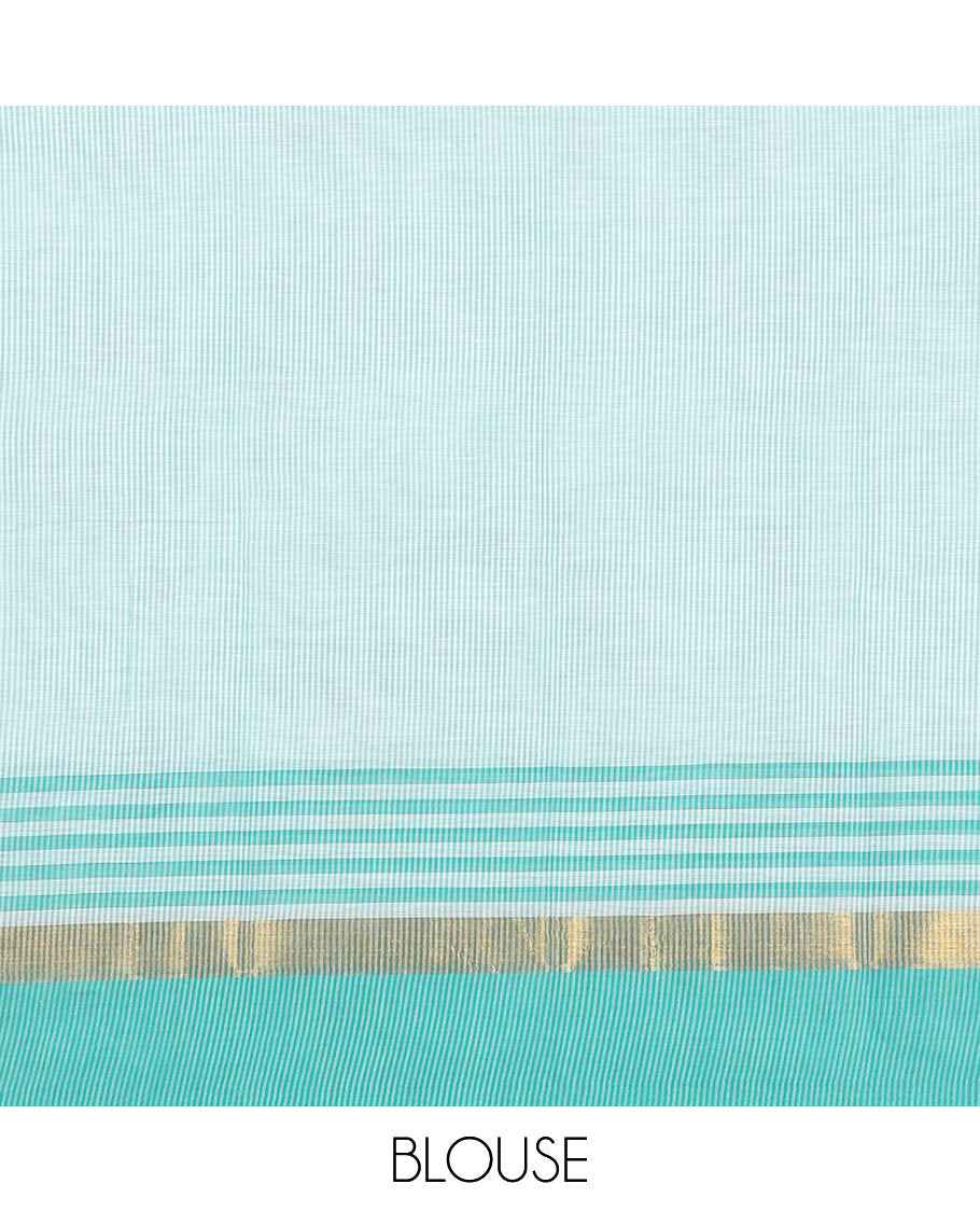 Light Turquoise Chirala Cotton Saree, Ornamented with Floral and Deer Motifs, a Contrast Deer Motifs Border, Striped Pallu, and a Matching Blouse