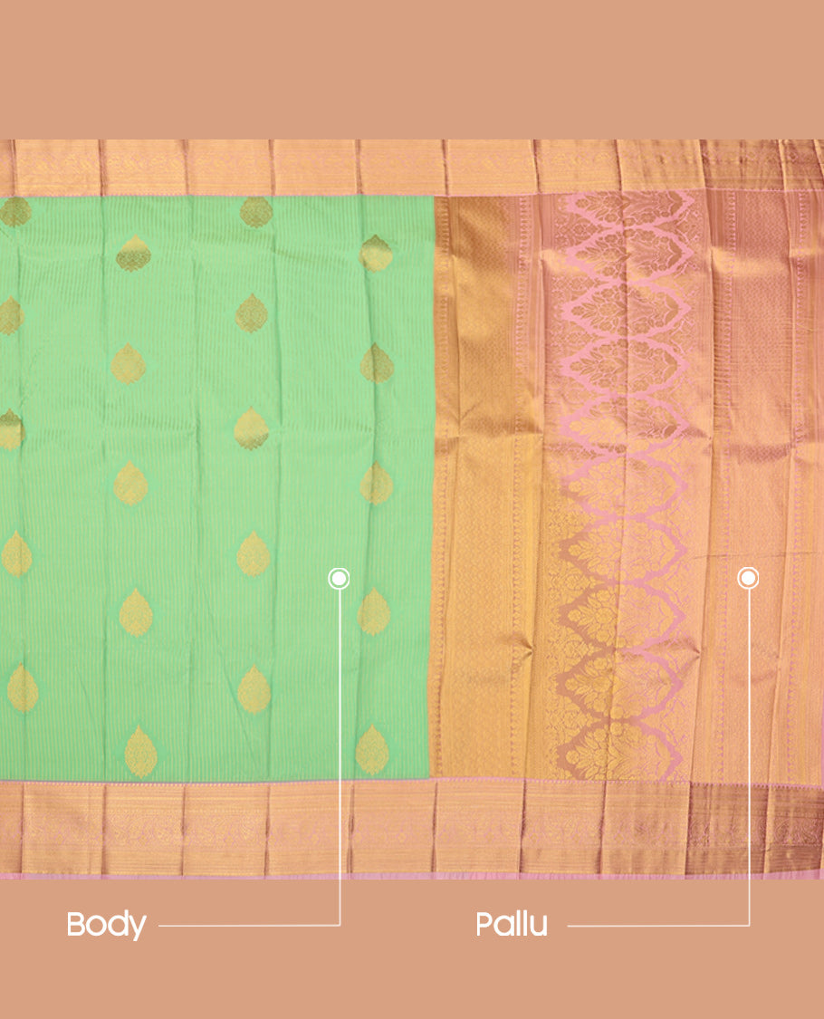Green Budget Silk Saree, Subtly Sparkled with Zari Buttas and Stripes, Contrast Traditional Zari Border, Grand Pallu, and a Contrast Blouse