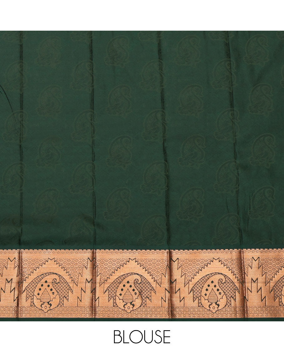 Orange Budget Silk Saree, Beautified with Jacquard, Complemented by Contrast Paisley-Temple Zari Border, Grand Pallu, and a Contrast Blouse