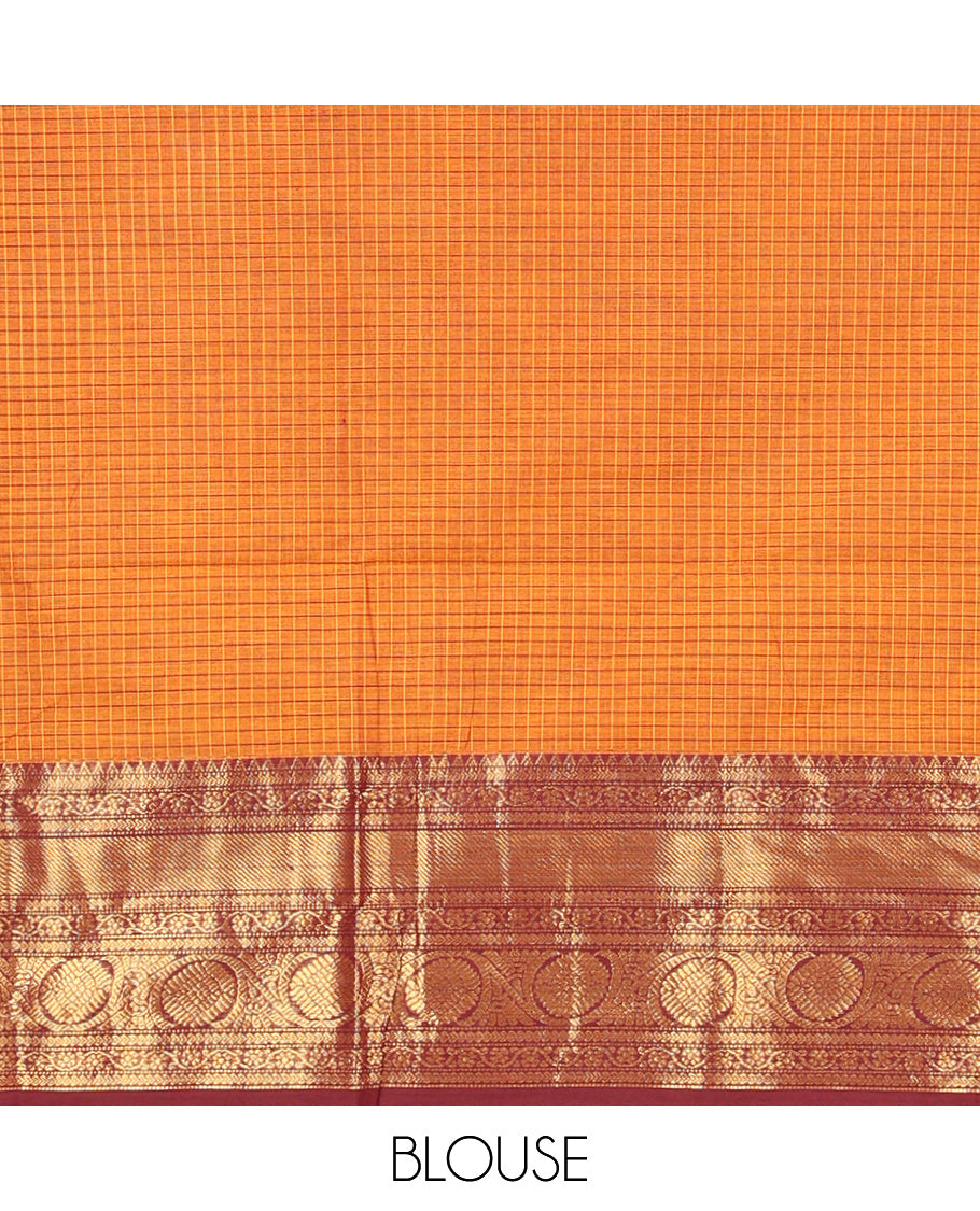Orange Chettinad Cotton Saree, Woven with Checks, Complemented by Contrast Traditional Zari Border, Striped Pallu, and a Matching Blouse
