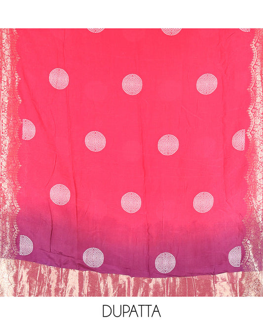 Purple Semi Silk Material Churidar Set, Subtly Made Plain Top, a Plain Santoon Bottom, and Is Paired with a Dual-Colored Bandhani Motifs Semi Silk Dupatta