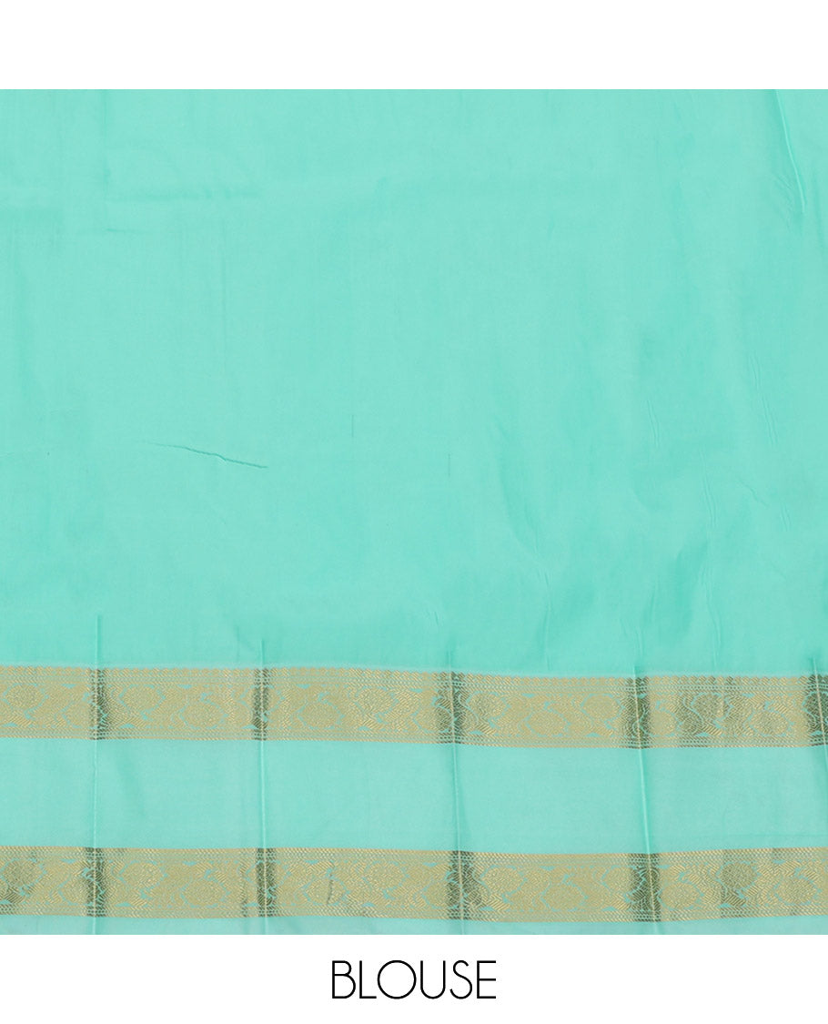 Red Budget Silk Saree, Decorated with Zari Buttas, Complemented by a Contrast Traditional Zari Rettai Pettu Border, Grand Pallu, and Contrast Blouse