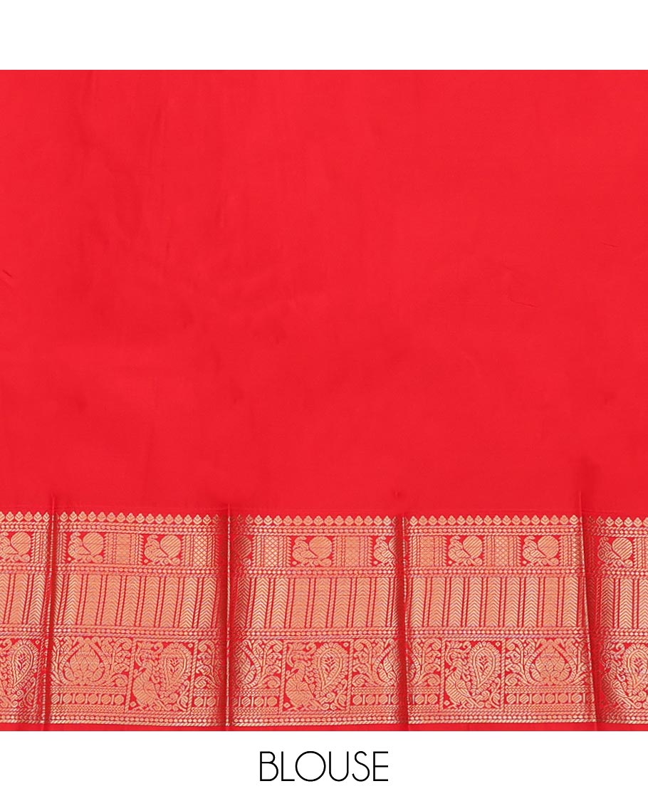 Green Budget Silk Saree, Sparsely Threaded with Zari Butta Enclosed Checks, Complemented by Contrast Traditional Zari Border, Grand Pallu, and Contrast Blouse