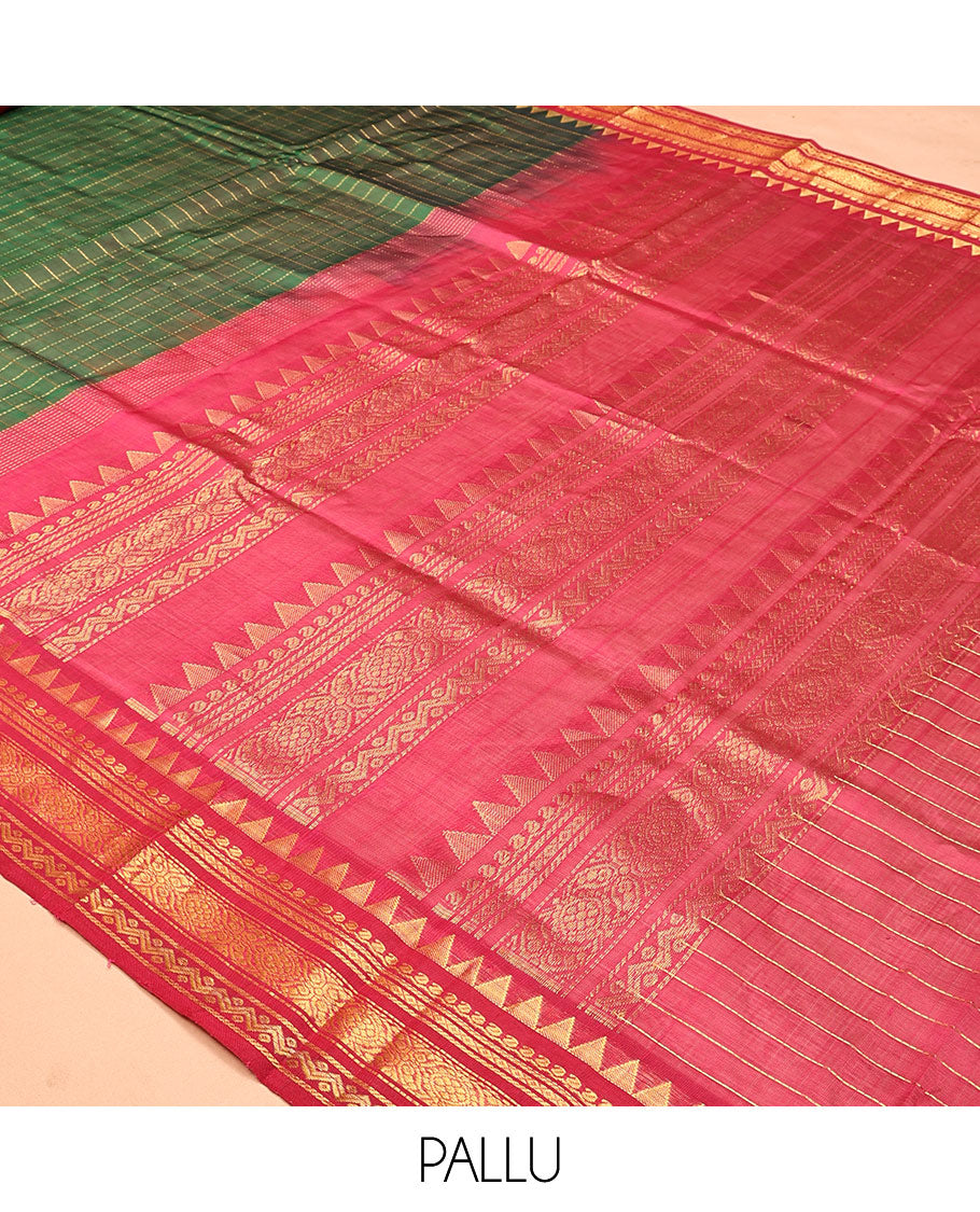 Green Zari Checked Kuppadam Silk Saree, a Contrast Traditional Zari Temple Border, Grand Pallu, a Contrast Blouse
