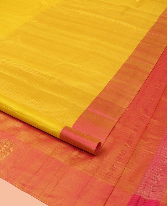 Yellow Vazhaipoo Stripes Kanchipuram Silk Saree, Complemented by a Contrast Border of Mayil Designs, Sparsely Zari Woven Pallu, and Paired with a Contrast Blouse