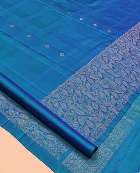 Blue Mayuri Soft Silk Saree, Subtly Sparkled With Zari Buttas All Over Its Body, Highlighted and Leaf Motifs Woven Border, Grand Pallu and Paired with a Matching Blouse