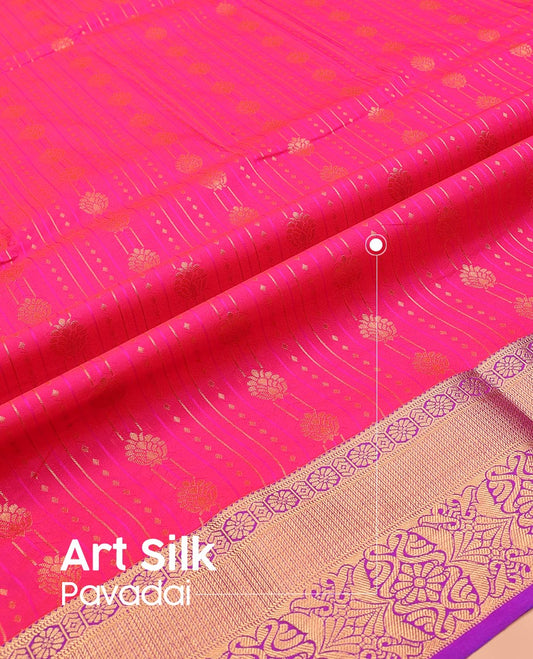 Pink Art Silk Pavadai Material Set, Beautifully Bedecked with Zari Designs on Its Skirt, Complemented by a Contrast Traditional Zari Design Border, and Paired with a Contrast Blouse