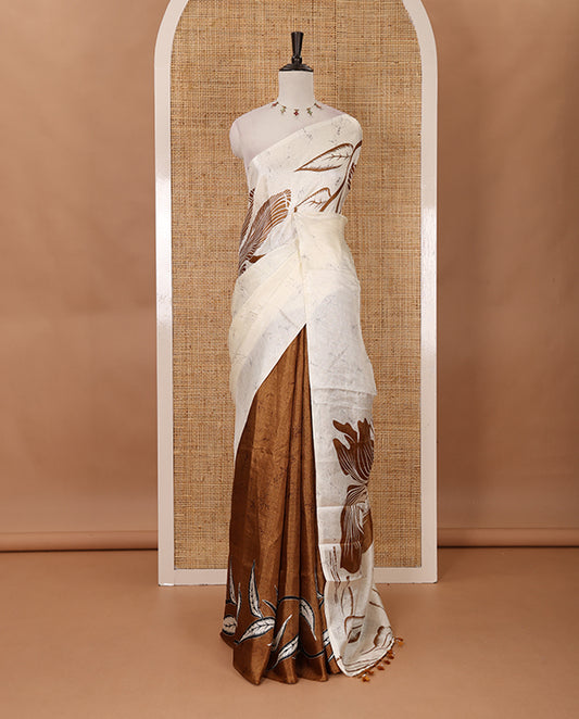 Borderless cream-mustard batik-style floral printed khadi cotton saree, printed pallu & printed blouse