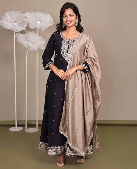 Purple Ready-Made Rayon Suit, Spotlighted with Embroidered Round-Neckline, 3/4 Sleeves, and an A-Line Top, Paired with Straight-Cut Pants and a Contrast Embroidered Dupatta