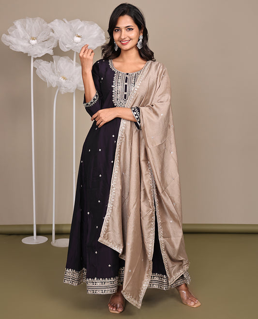 Purple Ready-Made Rayon Suit, Spotlighted with Embroidered Round-Neckline, 3/4 Sleeves, and an A-Line Top, Paired with Straight-Cut Pants and a Contrast Embroidered Dupatta