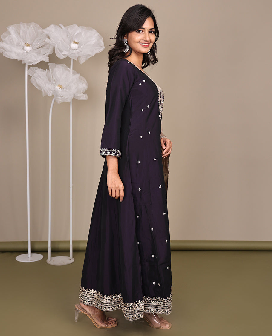 Purple Ready-Made Rayon Suit, Spotlighted with Embroidered Round-Neckline, 3/4 Sleeves, and an A-Line Top, Paired with Straight-Cut Pants and a Contrast Embroidered Dupatta