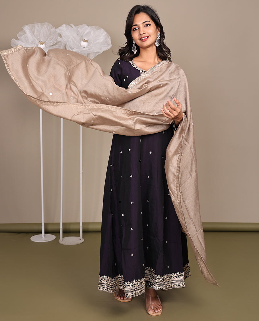 Purple Ready-Made Rayon Suit, Spotlighted with Embroidered Round-Neckline, 3/4 Sleeves, and an A-Line Top, Paired with Straight-Cut Pants and a Contrast Embroidered Dupatta