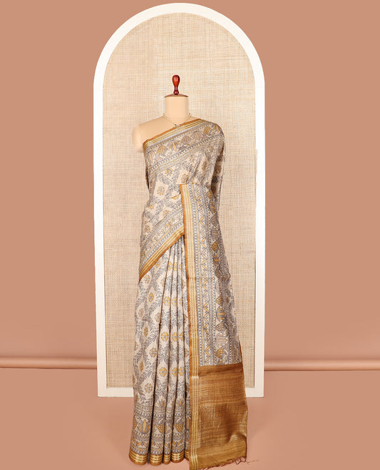 Sandal Madhubani style floral printed tussar saree, contrast border, and pallu of stripes