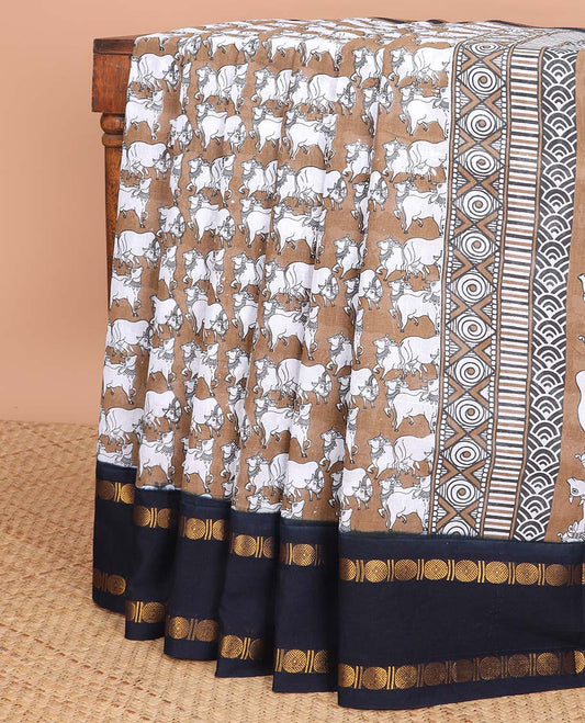 Mustard pichwai printed sungudi cotton saree with contrast double pad, rudraksh border