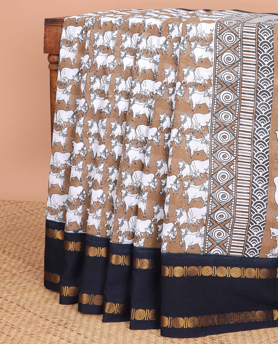 Mustard pichwai printed sungudi cotton saree with contrast double pad, rudraksh border