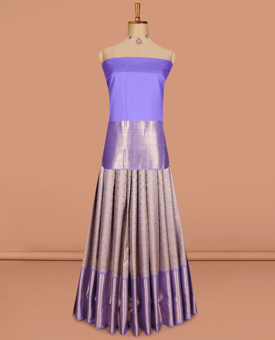 Grey pure silk half-saree, jacquard with contrast traditional zari bordered skirt, contrast zari design blouse, and zari design dhavani