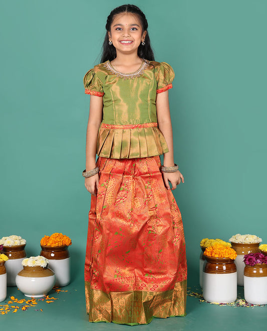 Red readymade art silk pavadai, jacquard & contrast zari border skirt & contrast jacquard round neck embroidered puff-sleeve blouse