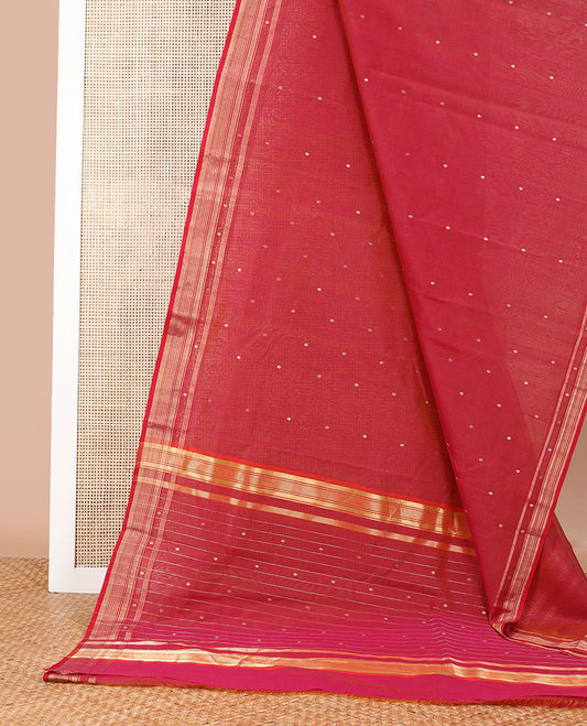 Red floral design chanderi cotton saree with self zari border & striped, floral design pallu