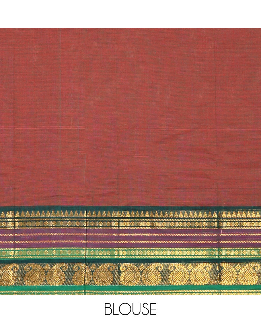 Red Plain Chettinad Cotton Saree, Complemented by a Contrasting Traditional Zari Design Border, Subtly Striped Pallu, and Paired with a Matching Blouse