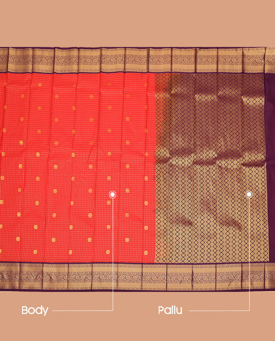 Red Budget Silk Saree, Adorned with Zari Buttas and Checks All Over Its Body, Complemented by Contrast Traditional Zari Designs Woven Border, Grand Jaal Pallu and Paired with a Contrast Blouse