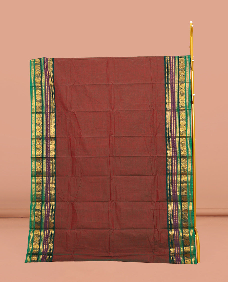 Red Plain Chettinad Cotton Saree, Complemented by a Contrasting Traditional Zari Design Border, Subtly Striped Pallu, and Paired with a Matching Blouse