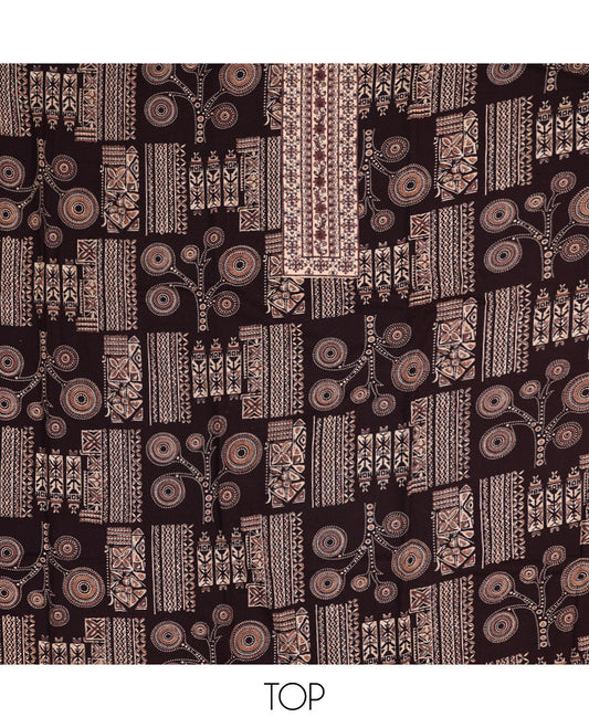 Brown Material Chudidar Set, Accentuated with Floral and Geometric Print and Neck Embroidery on Rayon Top, a Plain Rayon Bottom, and Paired with a Matching Chiffon Dupatta