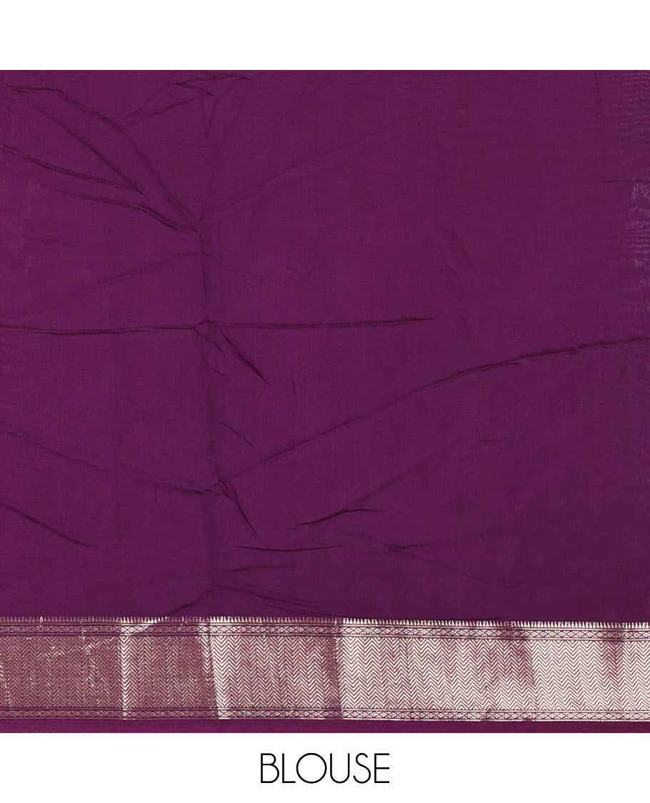 Gold floral and paisley vine ikkat-style discharge printed assam silk saree, contrast chevron design zari border, zari stripes, and a contrast zari bordered blouse