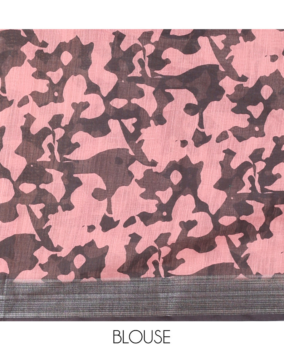 Pink Linen Cotton Saree, Prettified with Big Floral Motifs Printed on Its Body, Complemented by Contrast Border, Pallu of Floral Hand Block Print, and Paired with a Matching Blouse