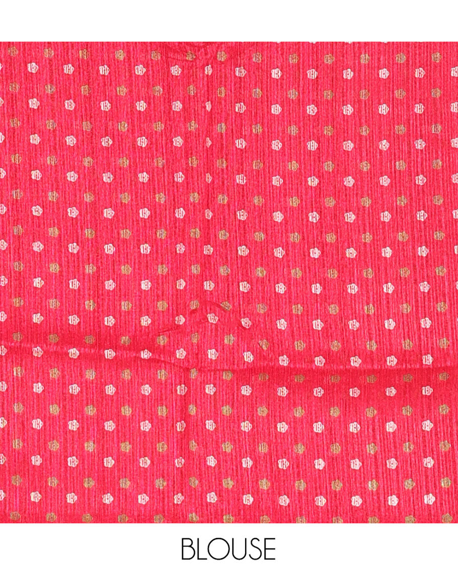 Pink Plain Green-Silk Linen Cotton Saree, Highlighted by Jamdani-Style Floral Vine Printed Border, Pallu of Jamdani Floral Print, and Paired with a Matching Printed Blouse