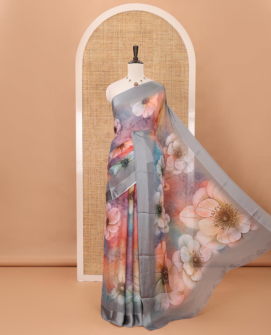Multi-color floral digital printed premium georgette saree, satin border, floral printed pallu & printed blouse
