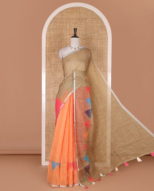 Multi-colored plain with triangle motifs linen cotton saree, silver zari border, plain with tassels, and a contrast silver zari bordered blouse