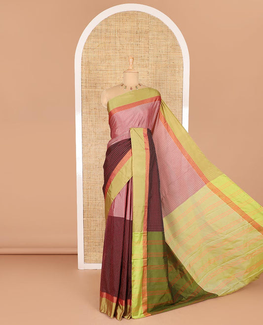 Maroon-onion pink half-and-half plus-shaped buttas woven semi-soft silk saree with contrast satin border, striped pallu, and a contrast plain blouse