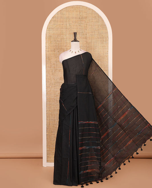 Borderless Black vertical multi-color thread striped khadi jute linen saree, striped pallu & matching plain blouse