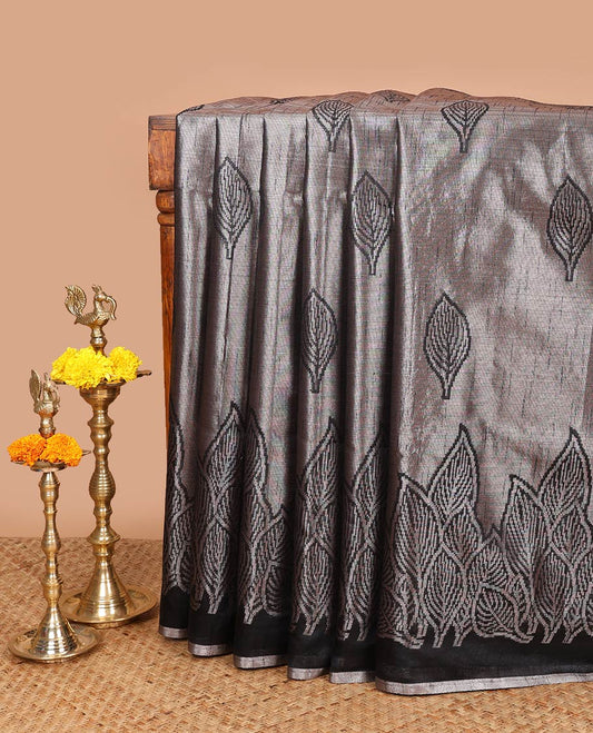 Black leaf zari butta soft kota tussar saree with leaf designb order & rich weaving pallu along with checks design blouse